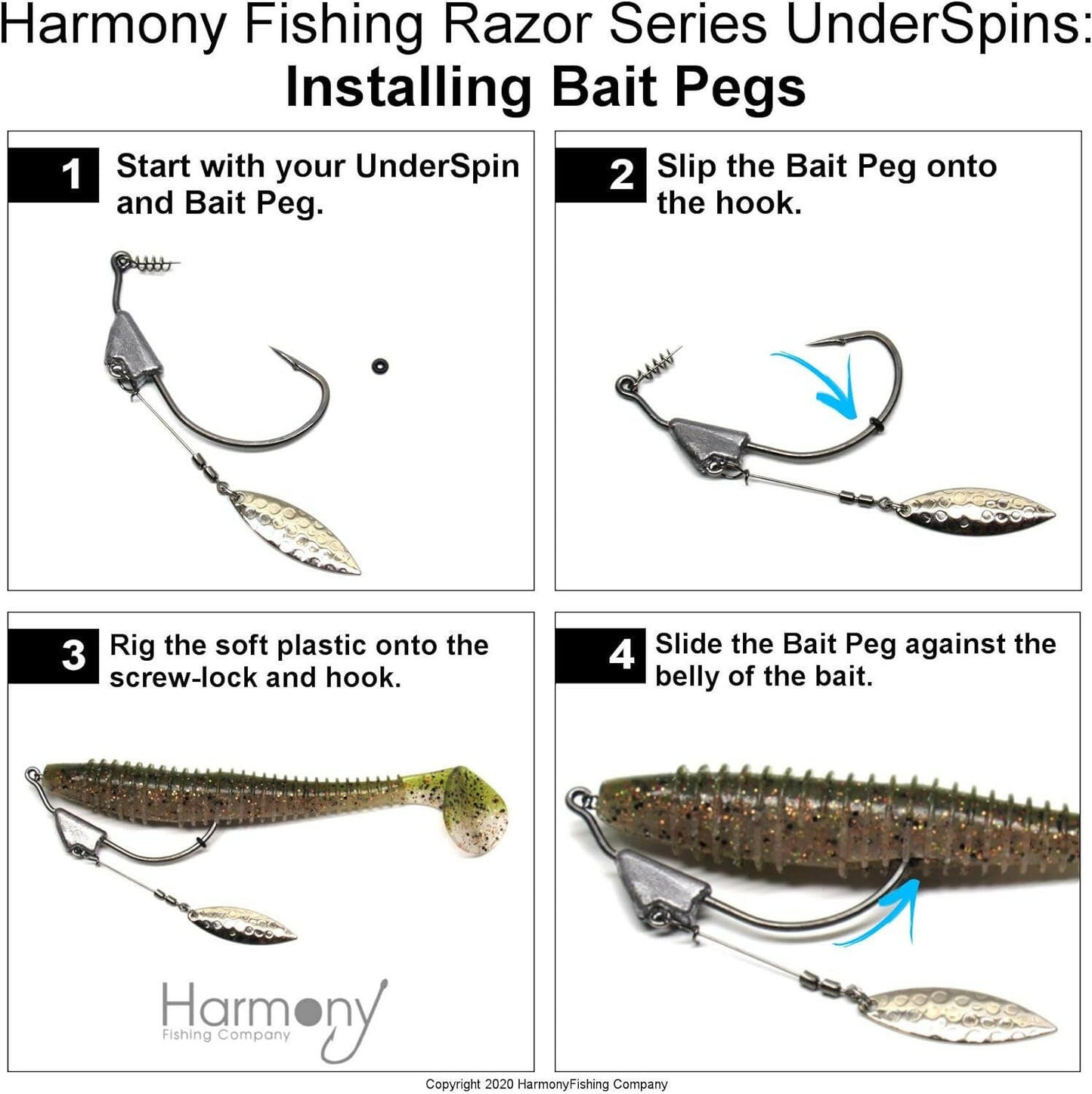 Harmony Fishing Razor Series Underspin Swimbait Hooks (4 Pack with 5 Bait Pegs) - Weighted Weedless Swimmer Hooks Featuring Flashy Willow Spinner Blades