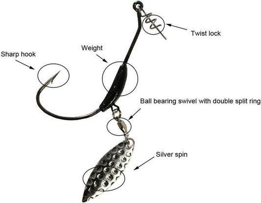 Premium Weighted Twist Lock Hooks - Silver/Gold Spin Superline for Swim Bait - 3 Pack (3G, 5.5G, 9G).