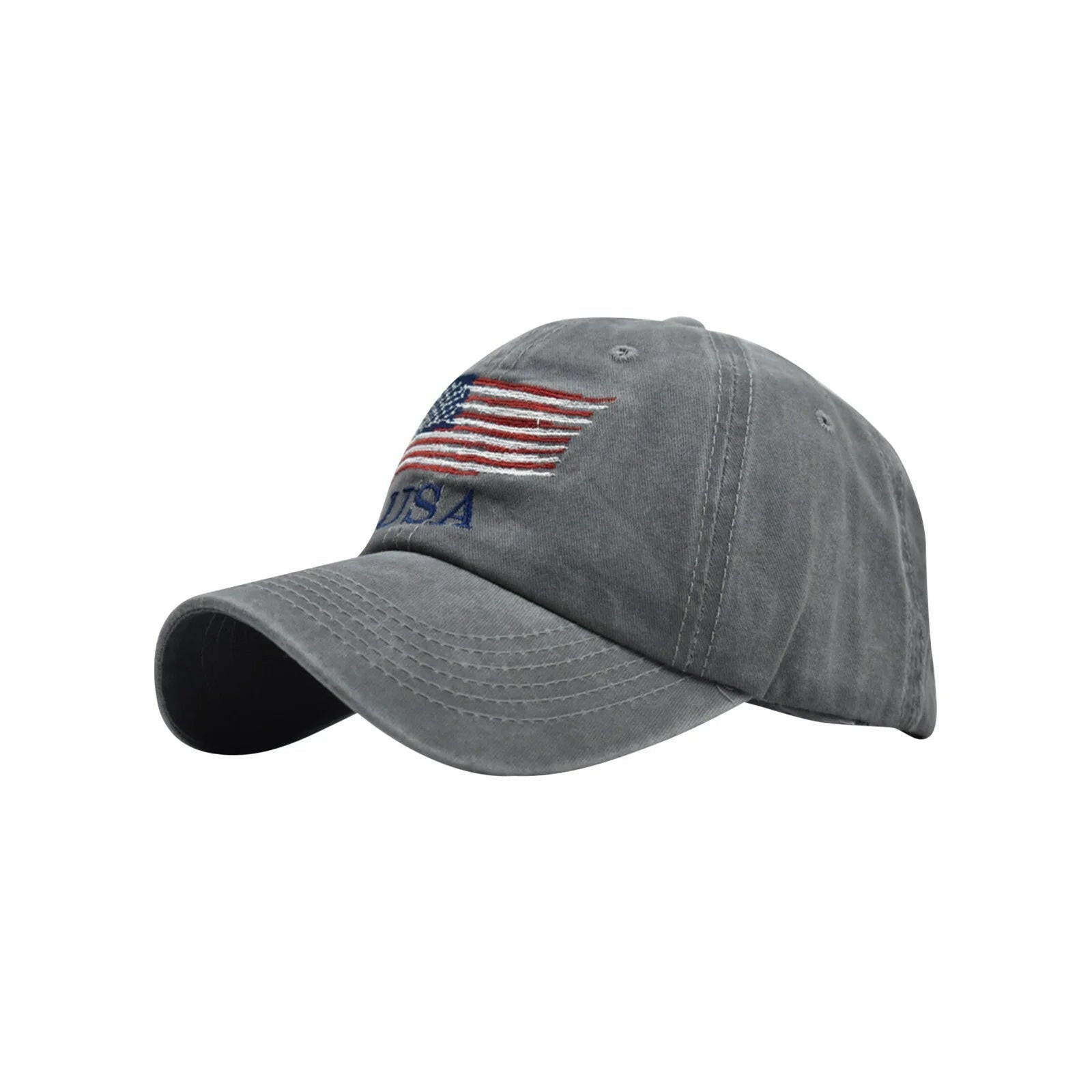 Vintage Cotton Denim Baseball Cap with Embroidered American Flag, Adjustable Distressed Hat for Men and Women