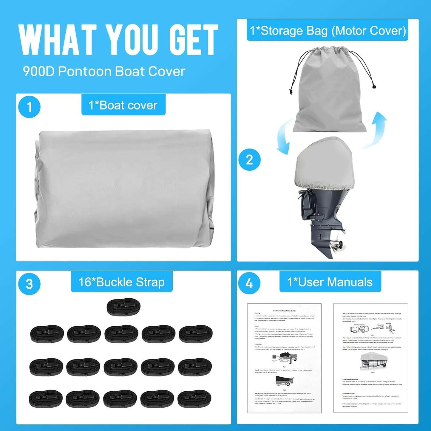 Heavy Duty 900D Waterproof Pontoon Boat Cover with Motor Cover - Fits 17-20 FT Deck Boats - Durable Marine Grade Canvas in Gray.