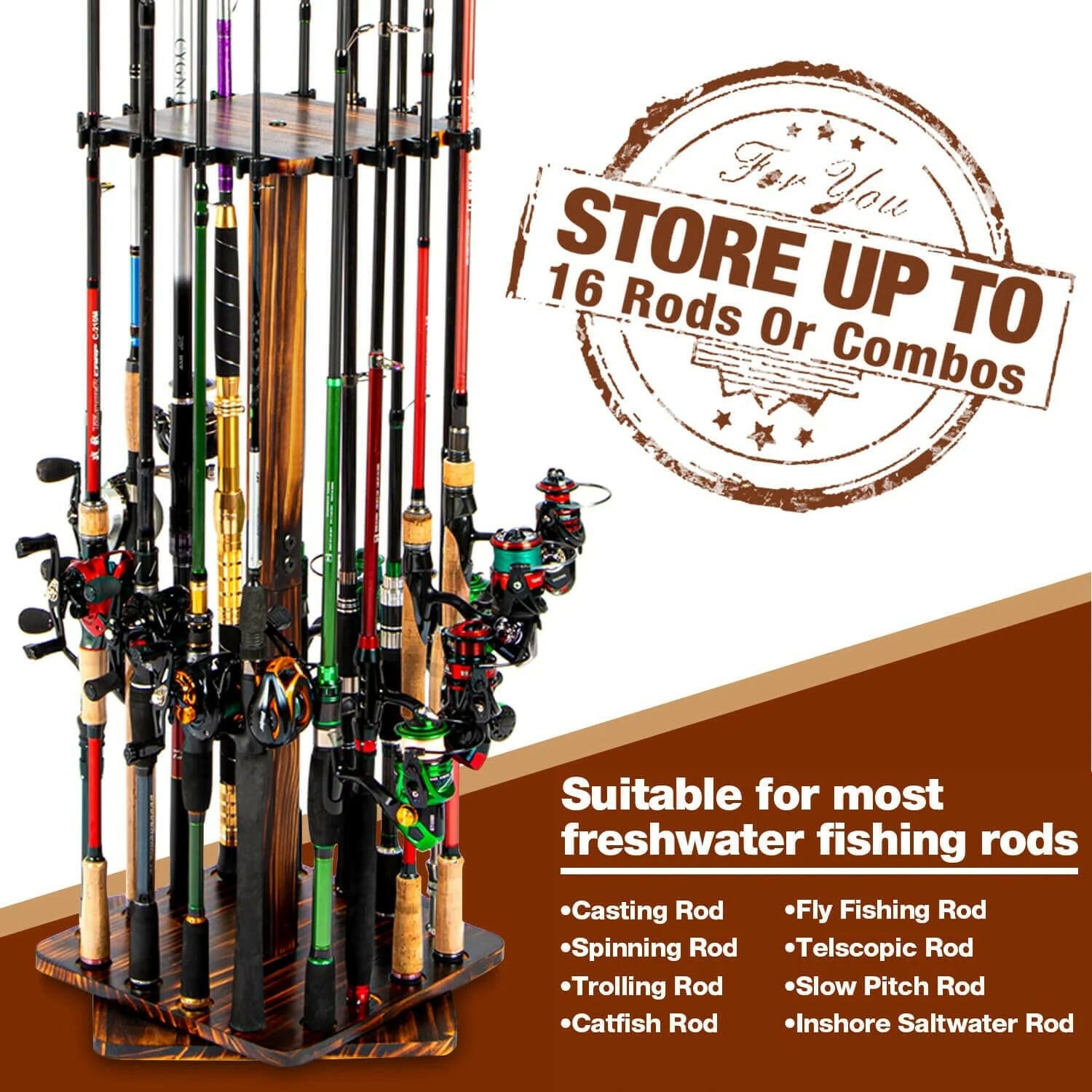 360° Rotating Wooden Fishing Rod Holder – Organizes Up to 16 Rods, Ideal Gift for Fishing Enthusiasts.