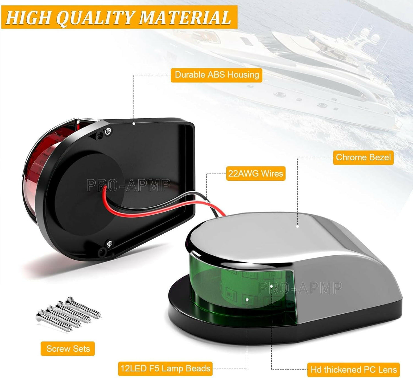 Premium 4'' LED Boat Navigation Lights - Waterproof Red & Green Signal Lights for Pontoon, Kayak, Yacht & Sailboat - 12V with Silver Cover (1 Red & 1 Green).