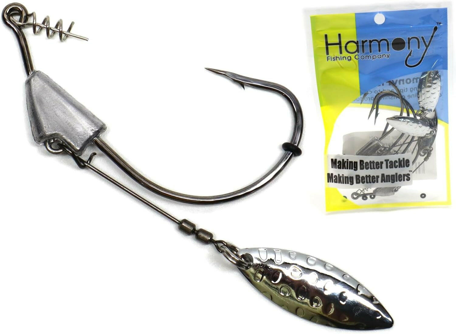 Harmony Fishing Razor Series Underspin Swimbait Hooks (4 Pack with 5 Bait Pegs) - Weighted Weedless Swimmer Hooks Featuring Flashy Willow Spinner Blades