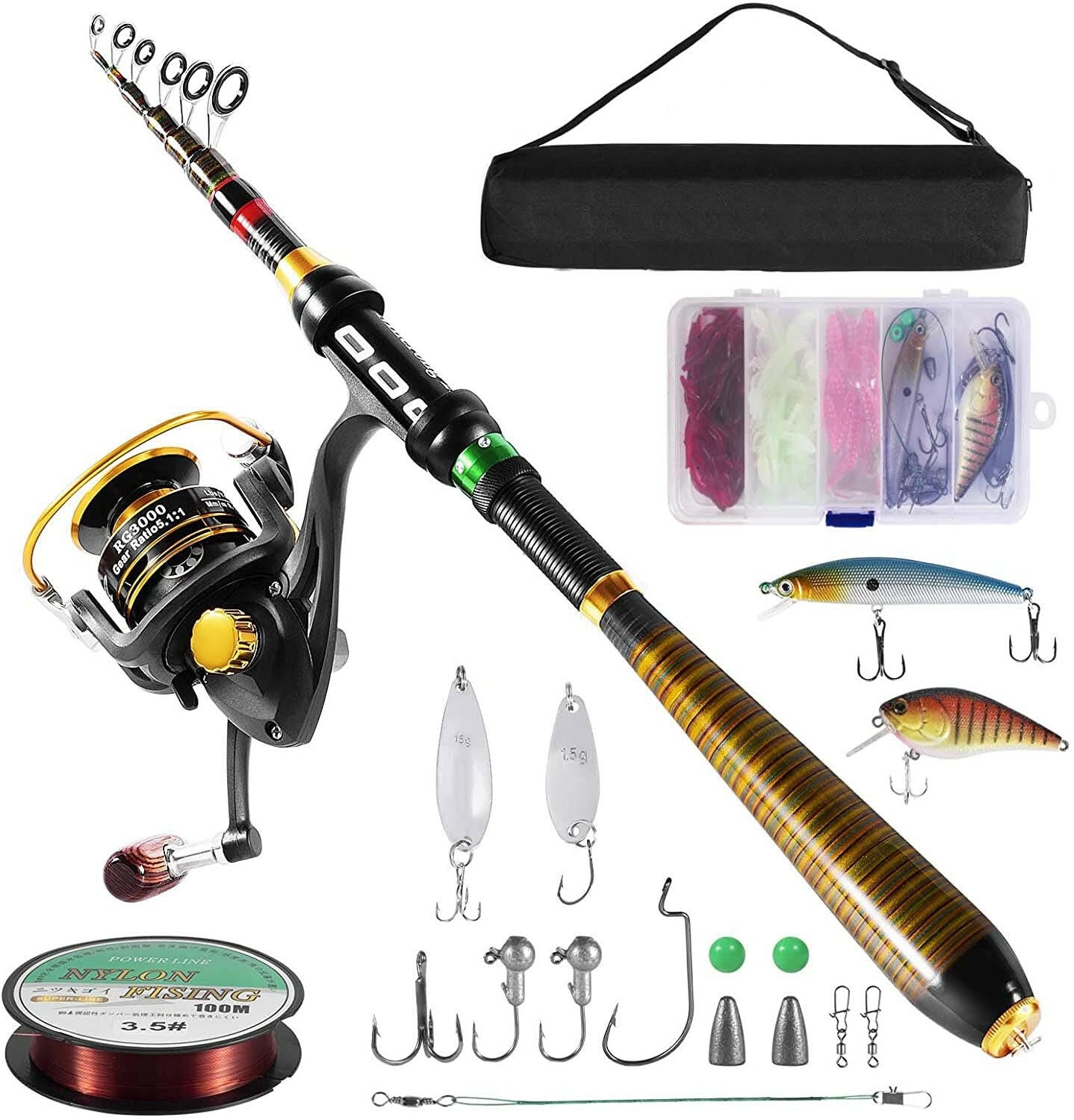 Fishing Rod and Reel Combo，Carbon Fiber Telescopic Fishing Pole with Stainless Steel Spinning Fishing Reel, Portable Travel Fishing Pole Combo for Youth Adults Beginner Saltwater Freshwater.