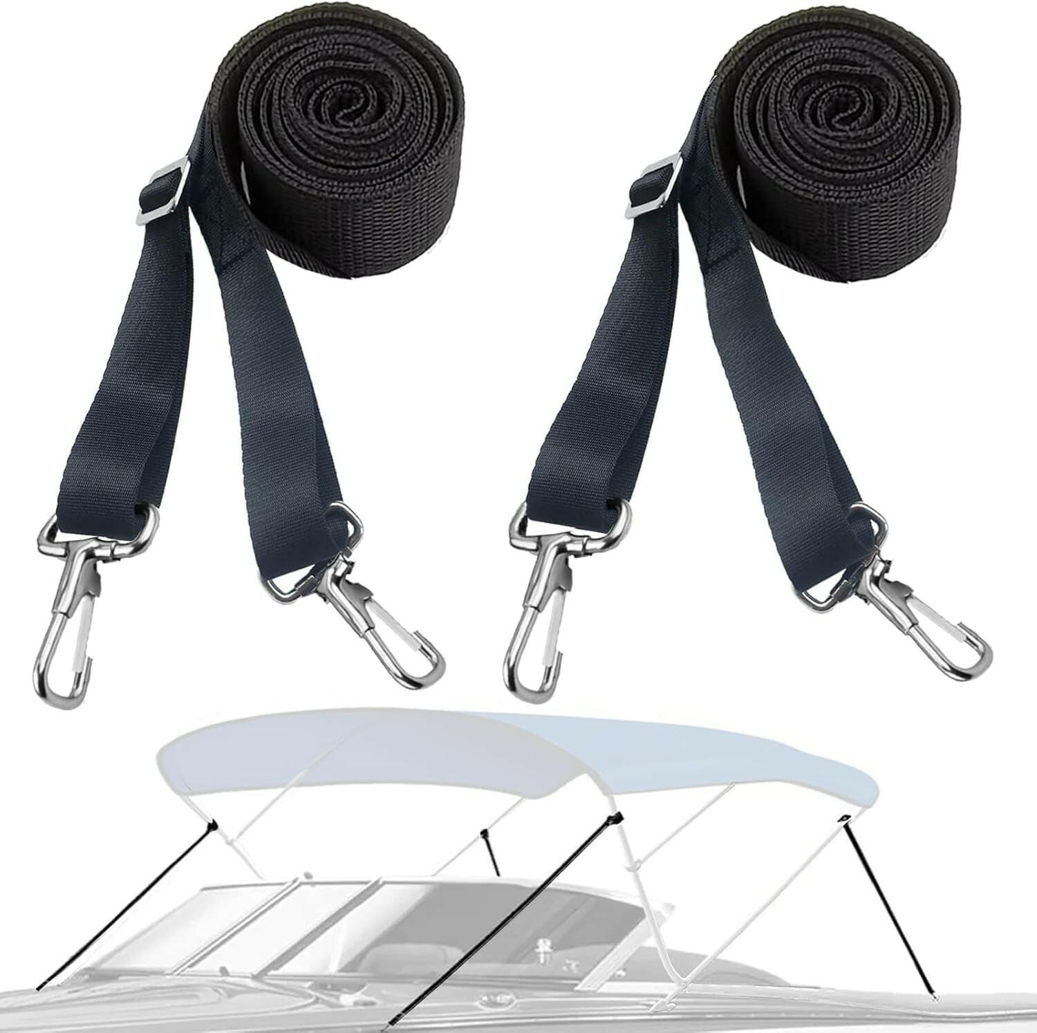 Heavy Duty 2 Pack Adjustable Bimini Boat Top Straps with Double End Snap Hook - 28"-60" Marine Nylon Webbing for Durable Boat Canopy and Awning Support.