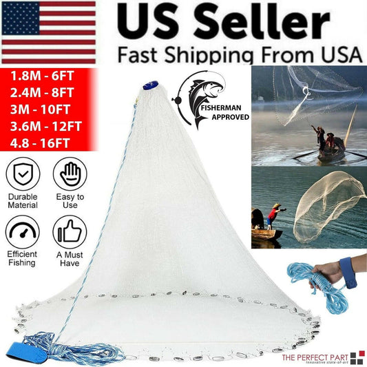 6/8/10/12/16FT Fishing Cast Net Bait Easy Throw Hand Cast Strong Nylon Mesh USA.