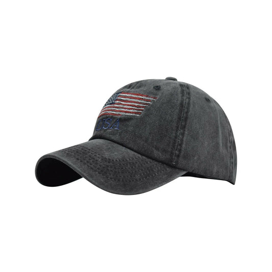 Vintage Cotton Denim Baseball Cap with Embroidered American Flag, Adjustable Distressed Hat for Men and Women