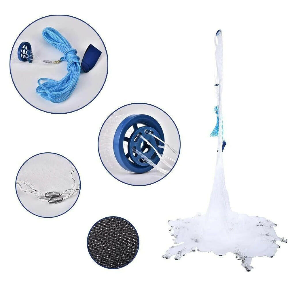 6/8/10/12/16FT Fishing Cast Net Bait Easy Throw Hand Cast Strong Nylon Mesh USA.