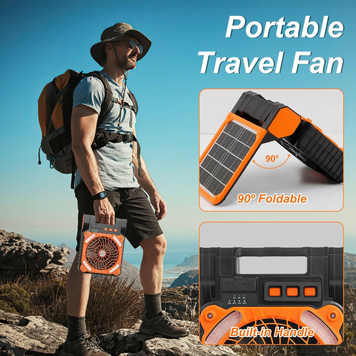Solar Camping Fan with LED Lantern - 5200mAh Rechargeable Battery, Portable Design, Emergency Power Bank, 4 Wind Speeds, 3 Light Modes, and 3 Timers for Outdoor Activities