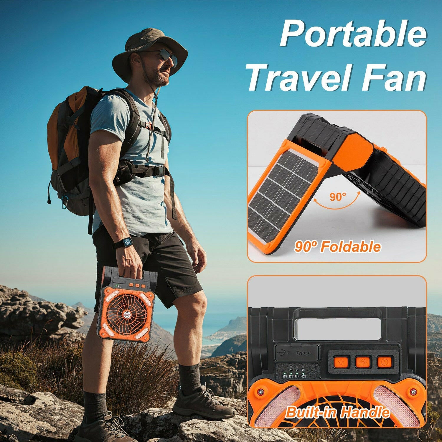 Solar Camping Fan with LED Lantern - 5200mAh Rechargeable Battery, Portable Design, Emergency Power Bank, 4 Wind Speeds, 3 Light Modes, and 3 Timers for Outdoor Activities
