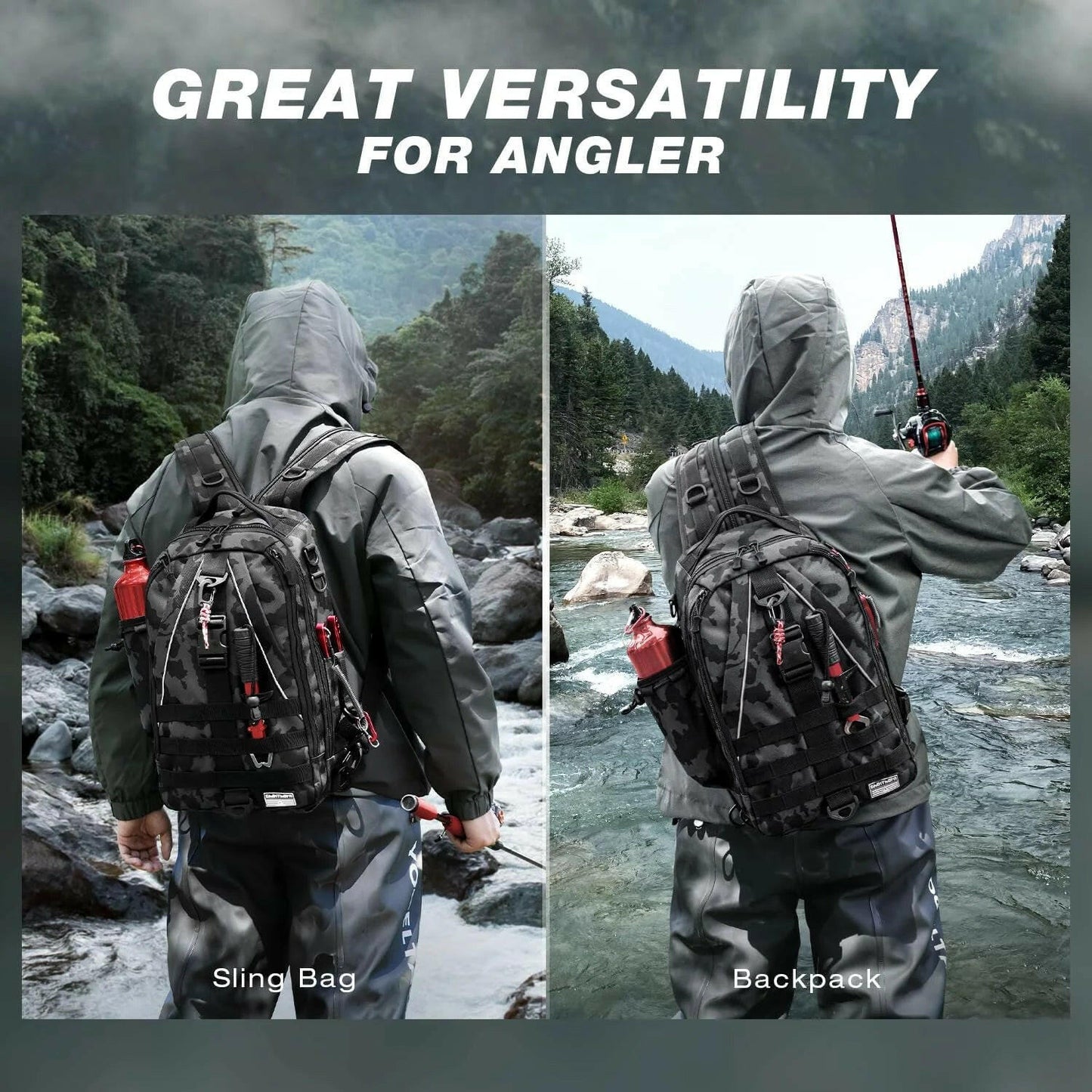 Fishing Backpack Tackle Sling Bag Nylon Backpack with Rod Holder Gift for Mother Father.