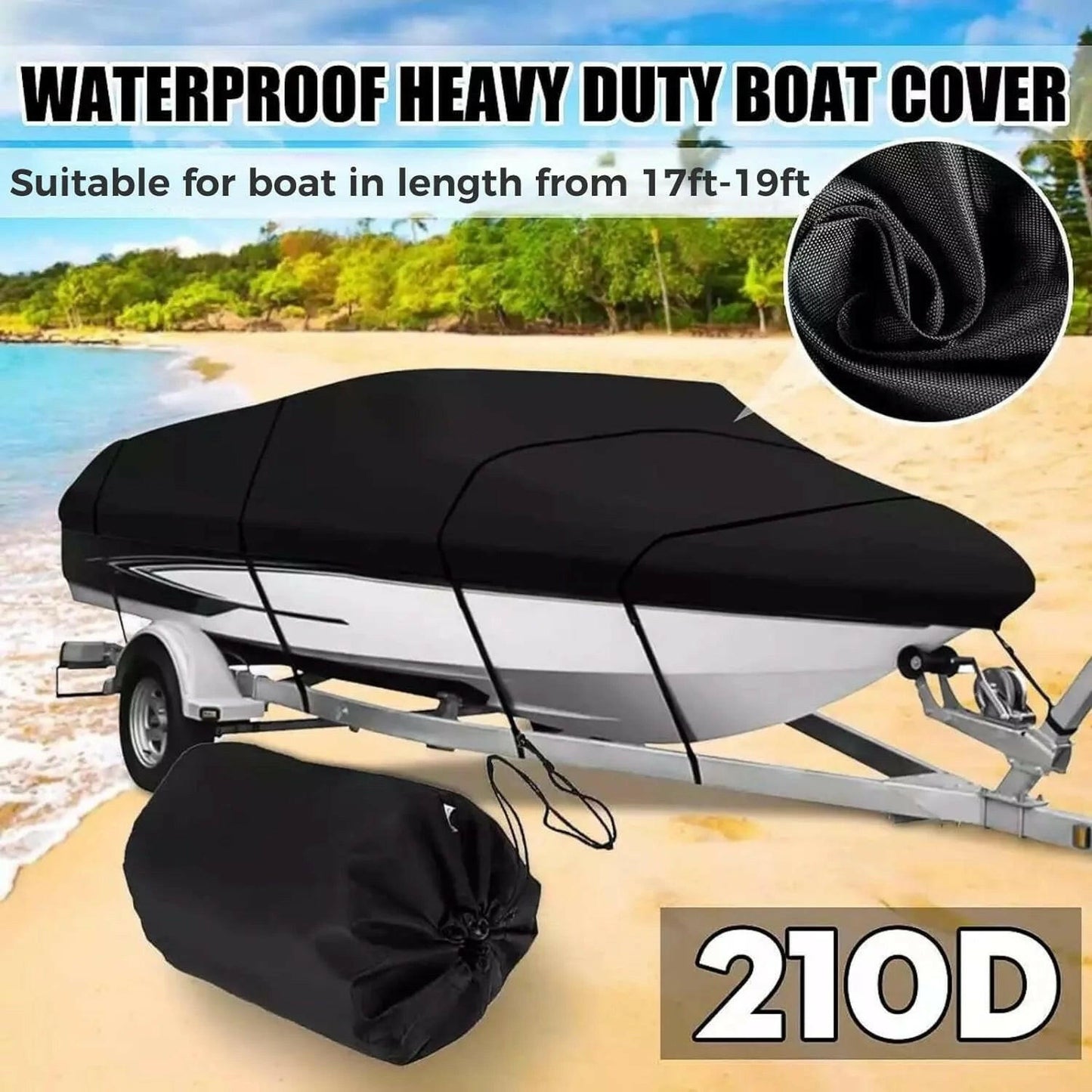 Heavy Duty Waterproof Boat Cover for 17-19FT V-Hull Trailers - 210D Oxford Mooring Cover with 5 Straps (19.7 x 9.8 FT).