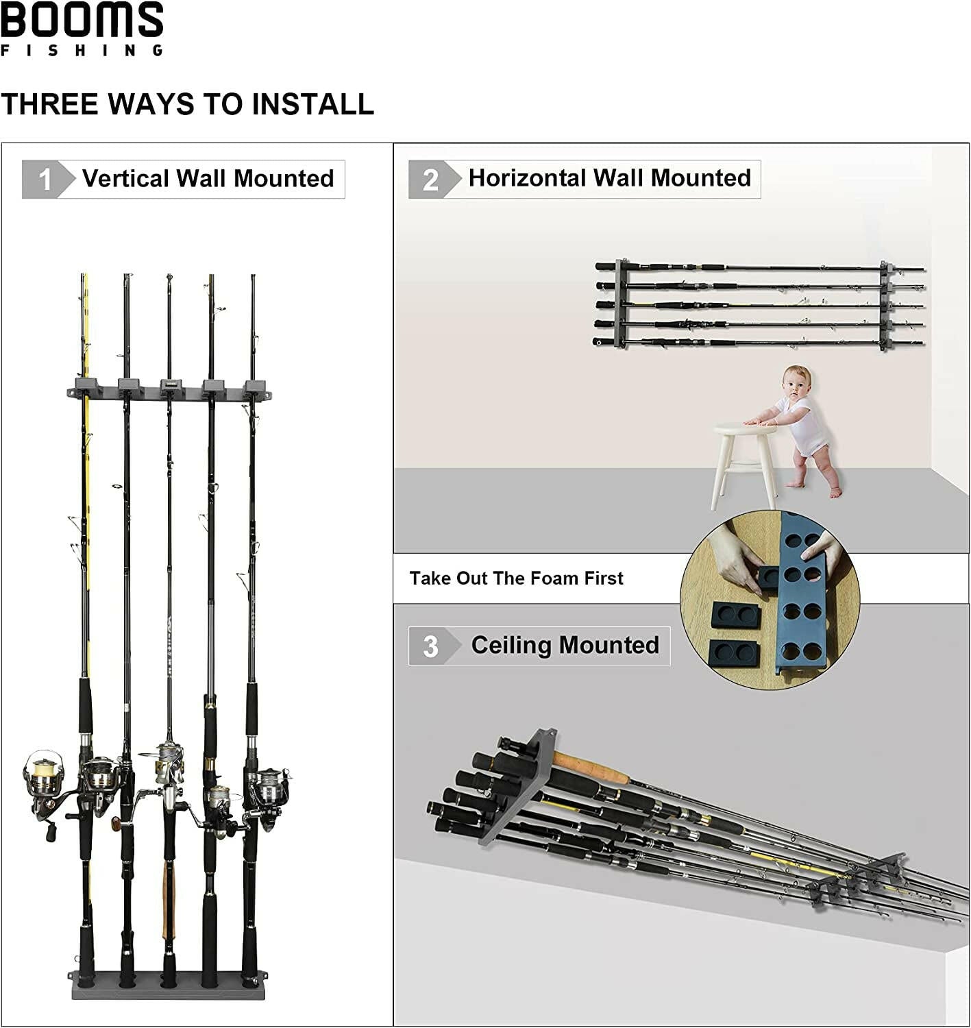 Premium Wall-Mounted Fishing Rod Holder for Up to 10 Rods - Versatile Vertical, Horizontal, and Ceiling Storage in Elegant Gray and Black.