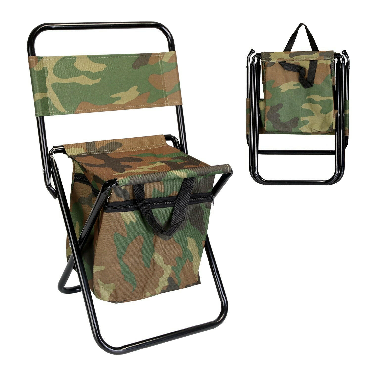 Foldable Fishing Chair with Backrest and Integrated Cooler Bag - Portable Lightweight Stool for Outdoor Activities such as Camping, Hiking, and Hunting