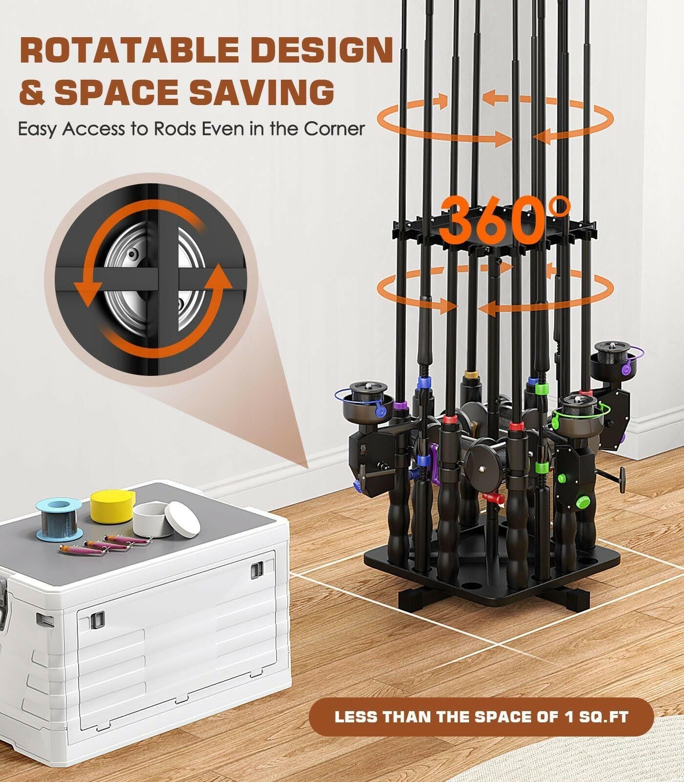 360-Degree Rotating Vertical Fishing Rod Holder - Sturdy Metal Garage Rack Stand.