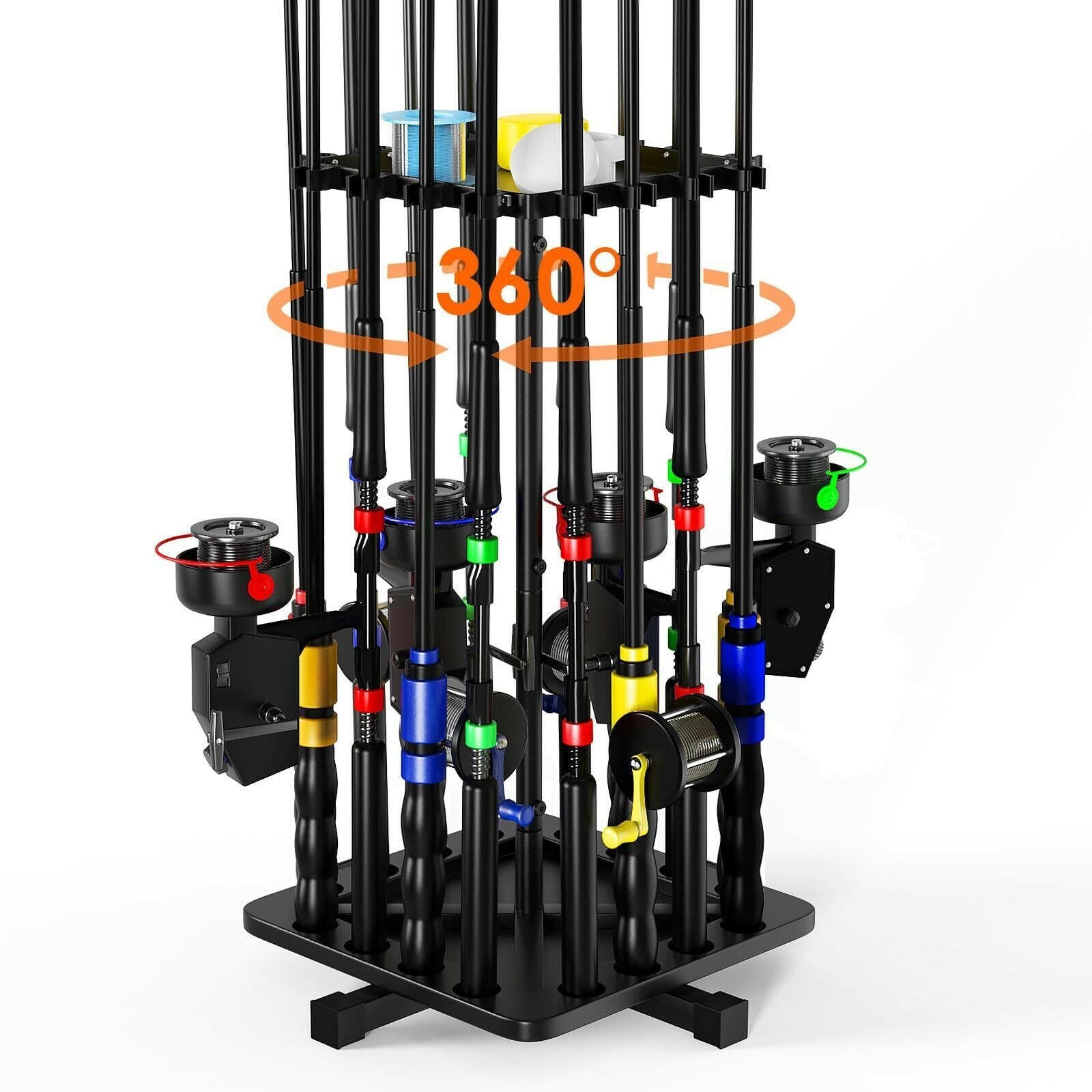 360-Degree Rotating Vertical Fishing Rod Holder - Sturdy Metal Garage Rack Stand.