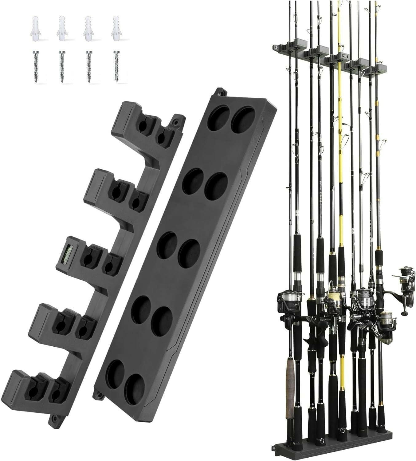 Premium Wall-Mounted Fishing Rod Holder for Up to 10 Rods - Versatile Vertical, Horizontal, and Ceiling Storage in Elegant Gray and Black.