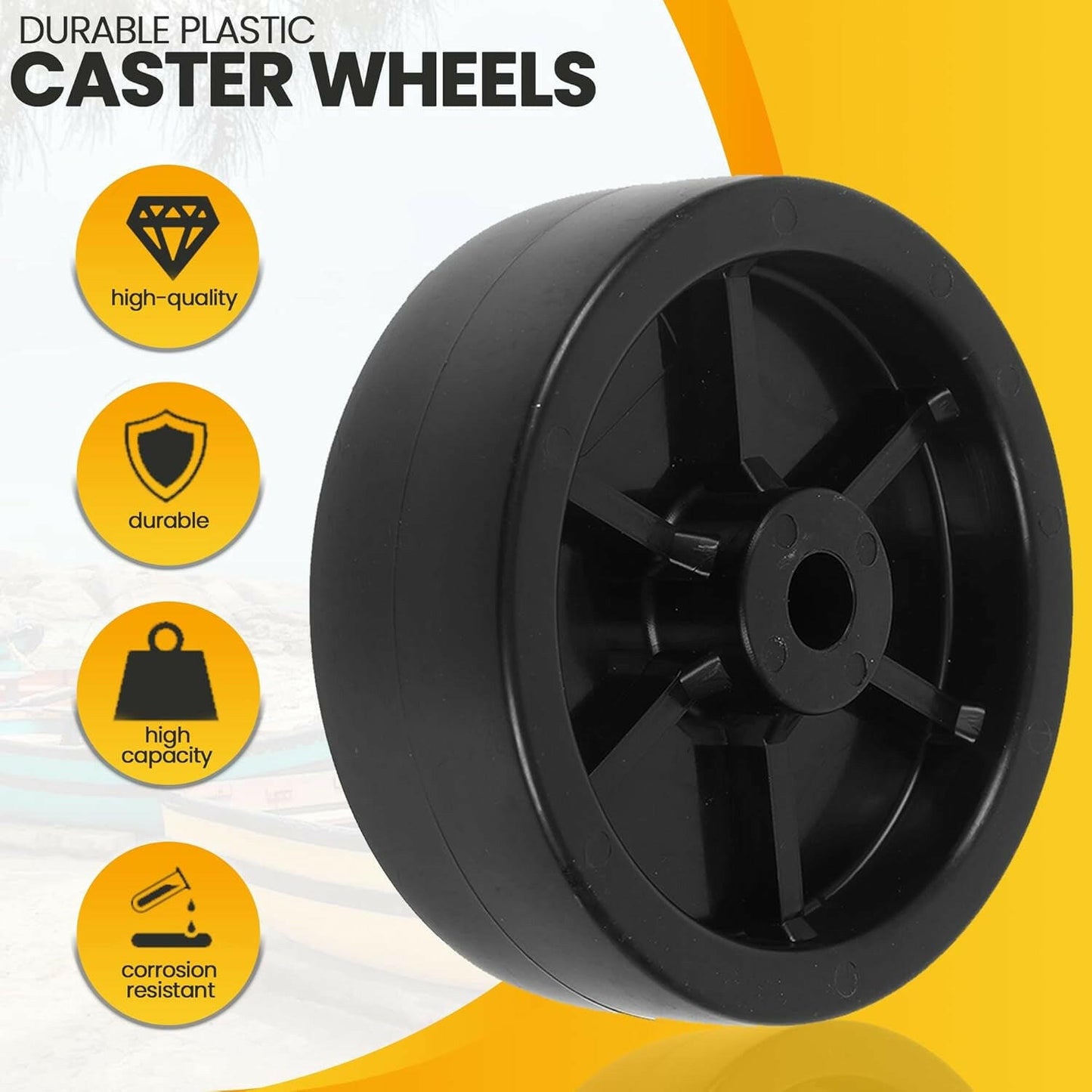 (2-Pack)  6-Inch Boat Trailer Jack Wheels - Universal Fit Black Plastic Caster Wheels - Includes All Mounting Hardware - Suitable for Boat Trailer Jacks with 1 or 2 Wheels.