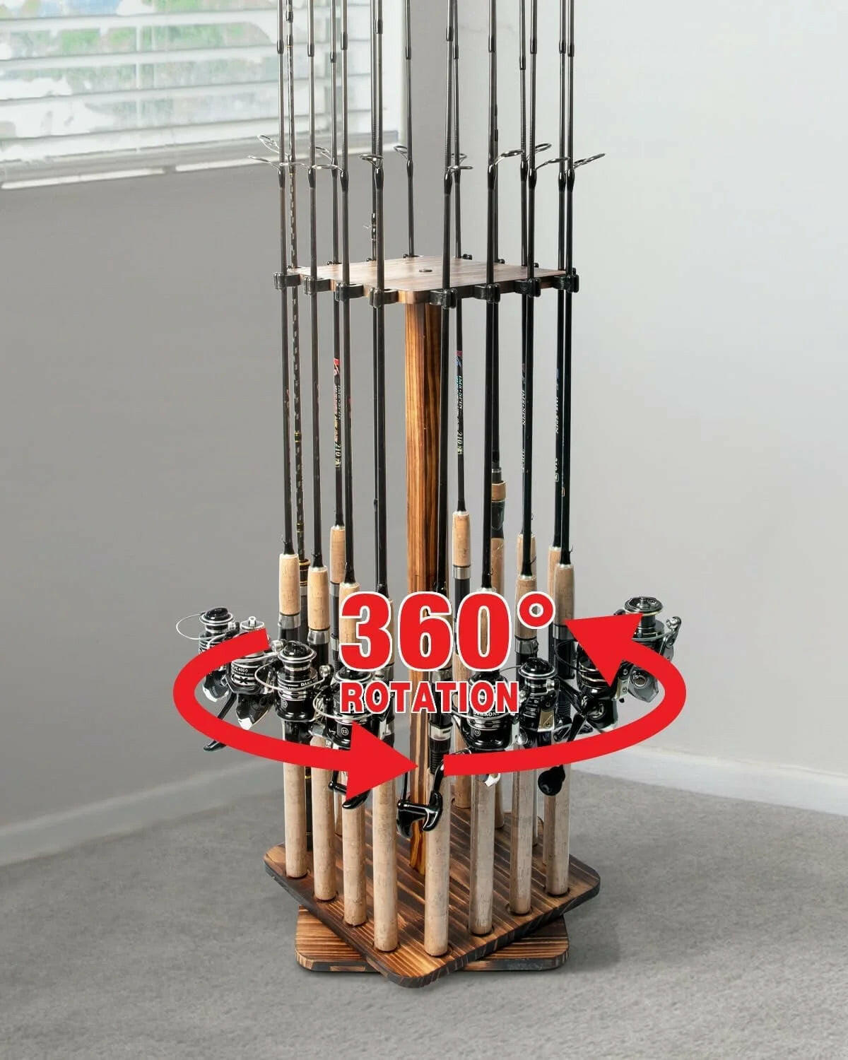 360° Rotating Wooden Fishing Rod Holder – Organizes Up to 16 Rods, Ideal Gift for Fishing Enthusiasts.