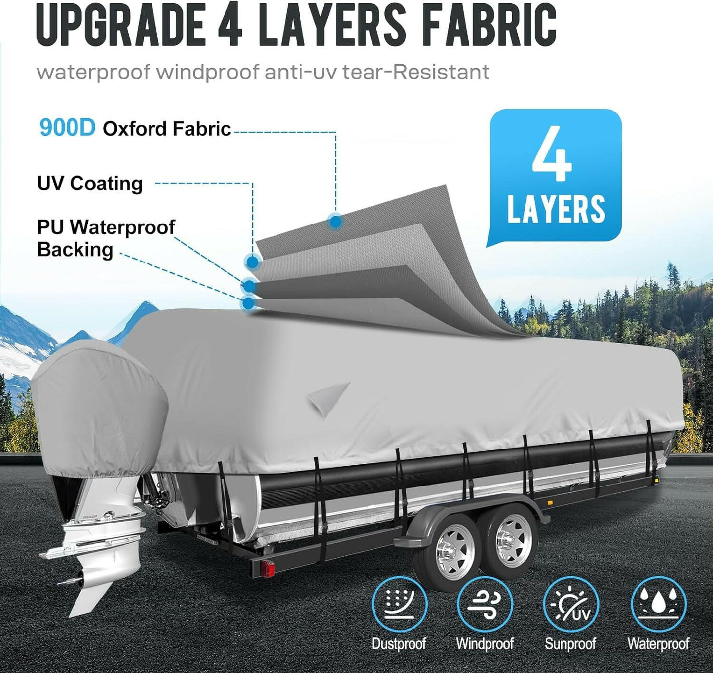 Heavy Duty 900D Waterproof Pontoon Boat Cover with Motor Cover - Fits 17-20 FT Deck Boats - Durable Marine Grade Canvas in Gray.