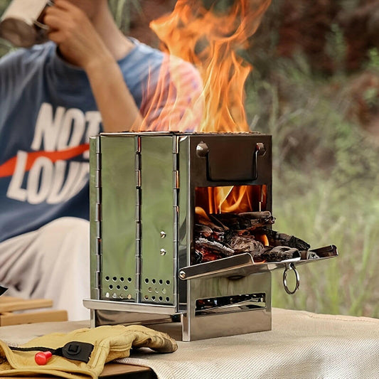 Experience the Great Outdoors with an Integrated Folding Mini Stainless Steel Charcoal Stove.