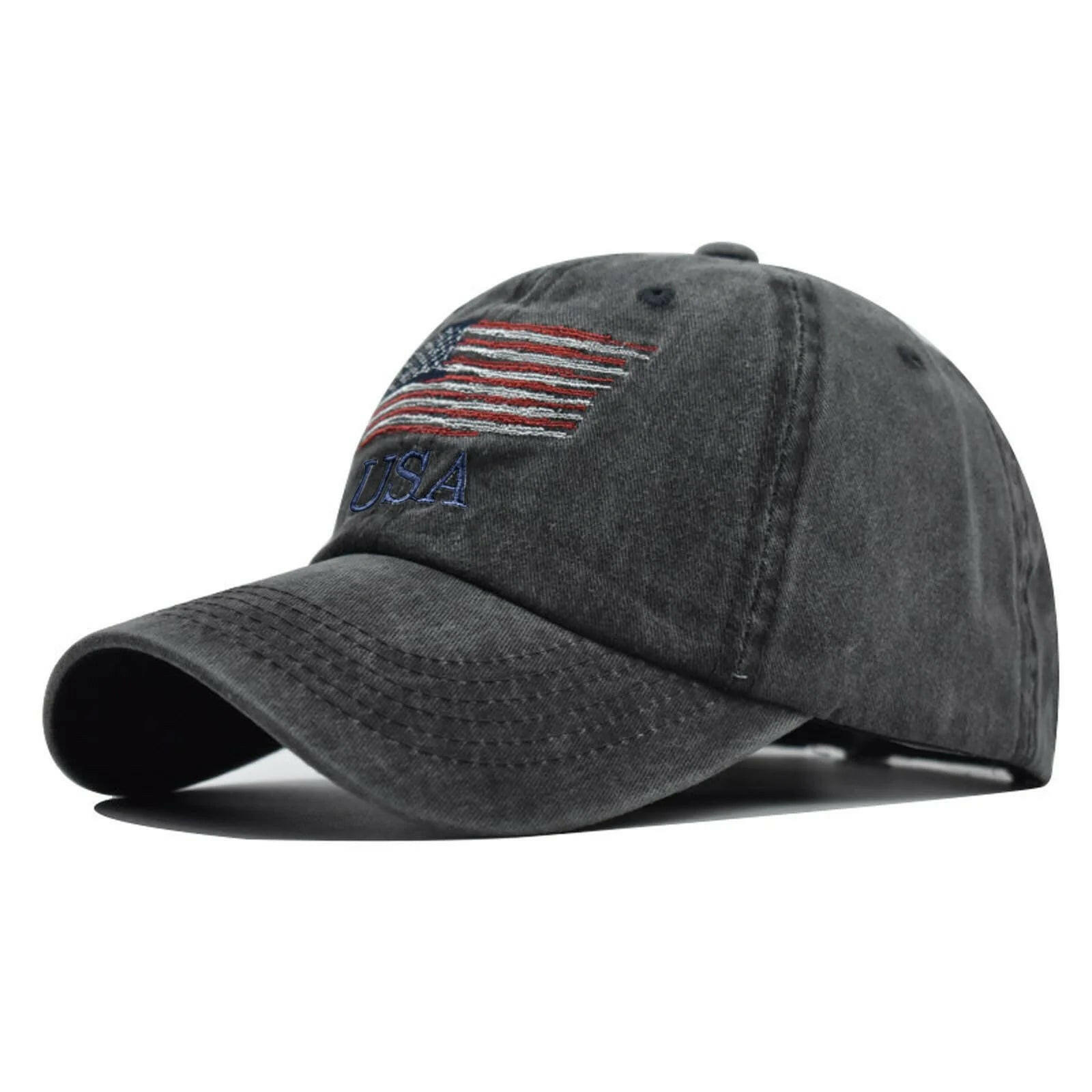 Vintage Cotton Denim Baseball Cap with Embroidered American Flag, Adjustable Distressed Hat for Men and Women