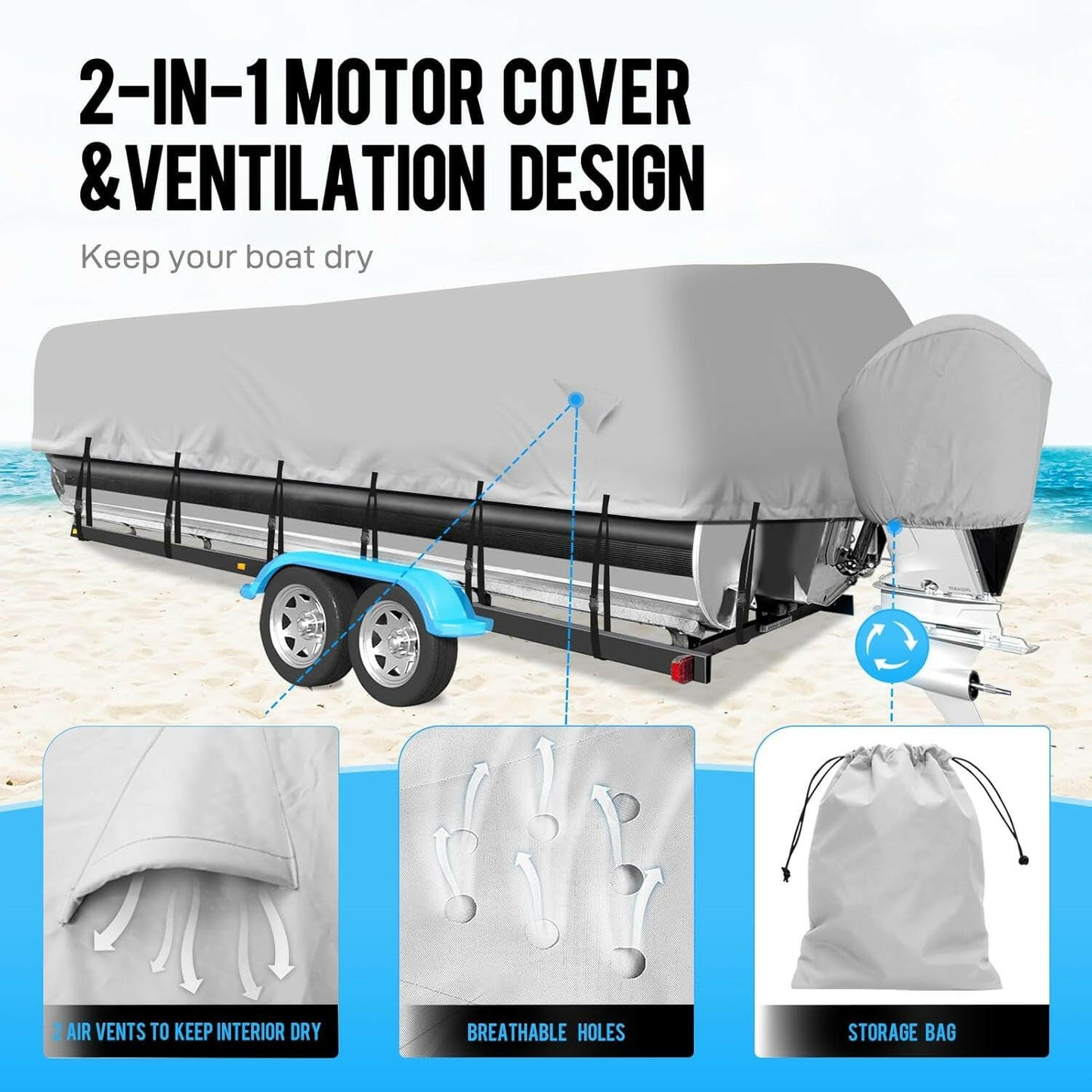 Heavy Duty 900D Waterproof Pontoon Boat Cover with Motor Cover - Fits 17-20 FT Deck Boats - Durable Marine Grade Canvas in Gray.