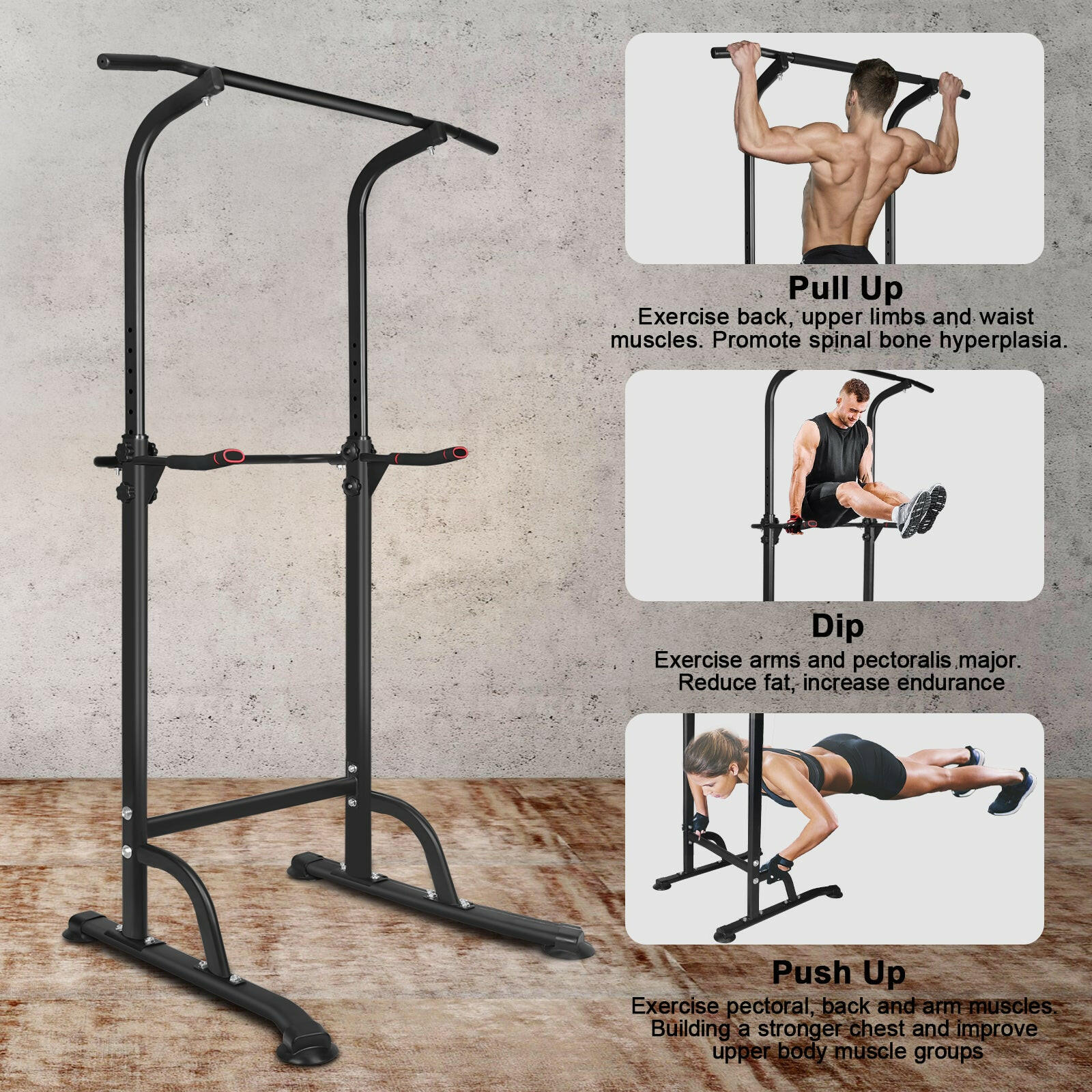Power Tower Exercise Station with Parallel Bars and Pull-Up Capability