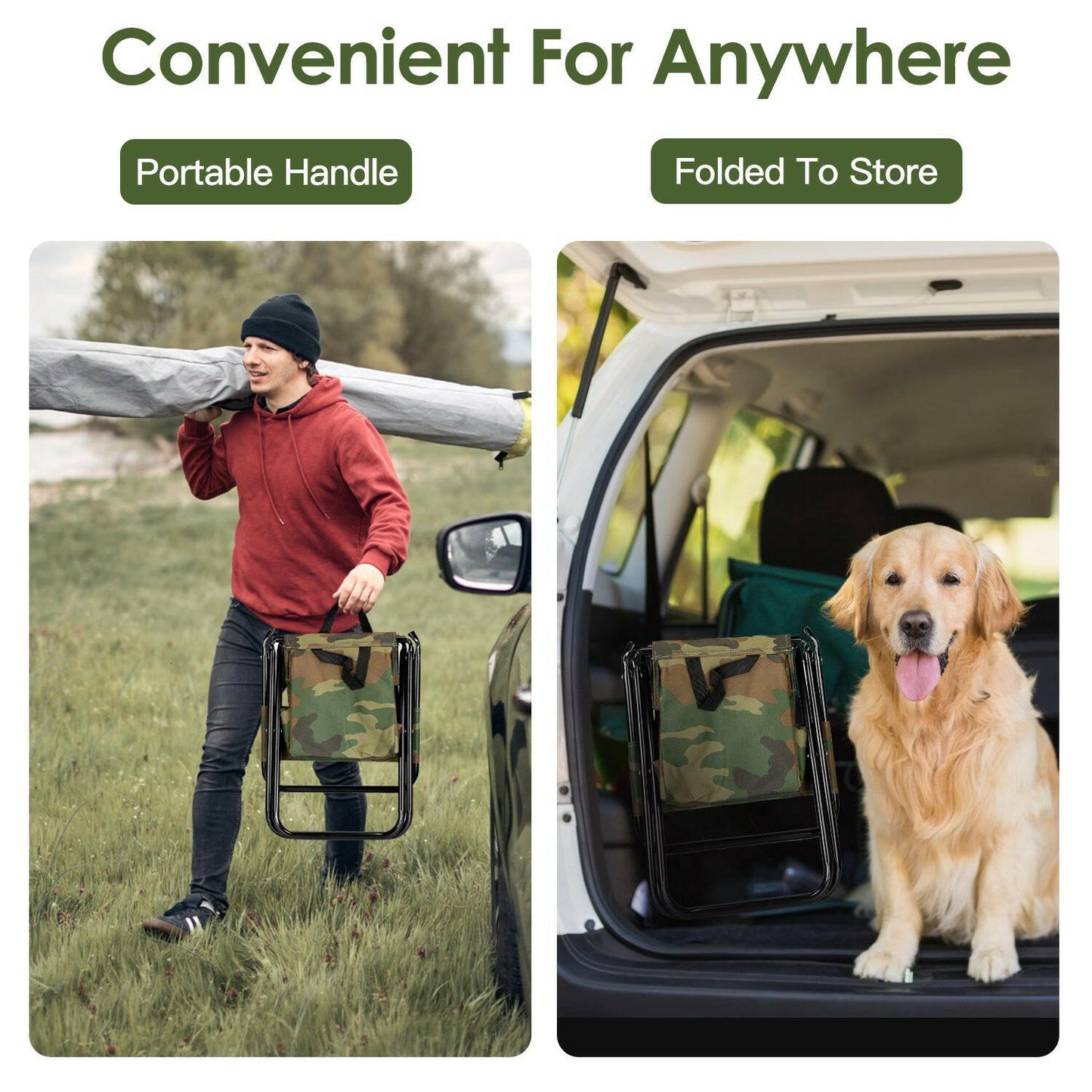 Foldable Fishing Chair with Backrest and Integrated Cooler Bag - Portable Lightweight Stool for Outdoor Activities such as Camping, Hiking, and Hunting