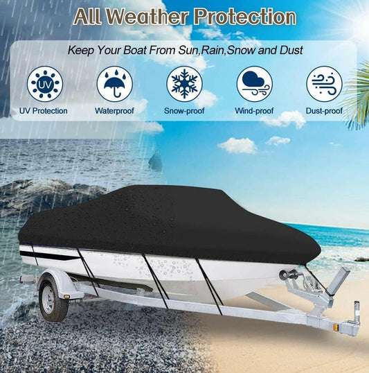 Heavy Duty Waterproof Boat Cover for 17-19FT V-Hull Trailers - 210D Oxford Mooring Cover with 5 Straps (19.7 x 9.8 FT).