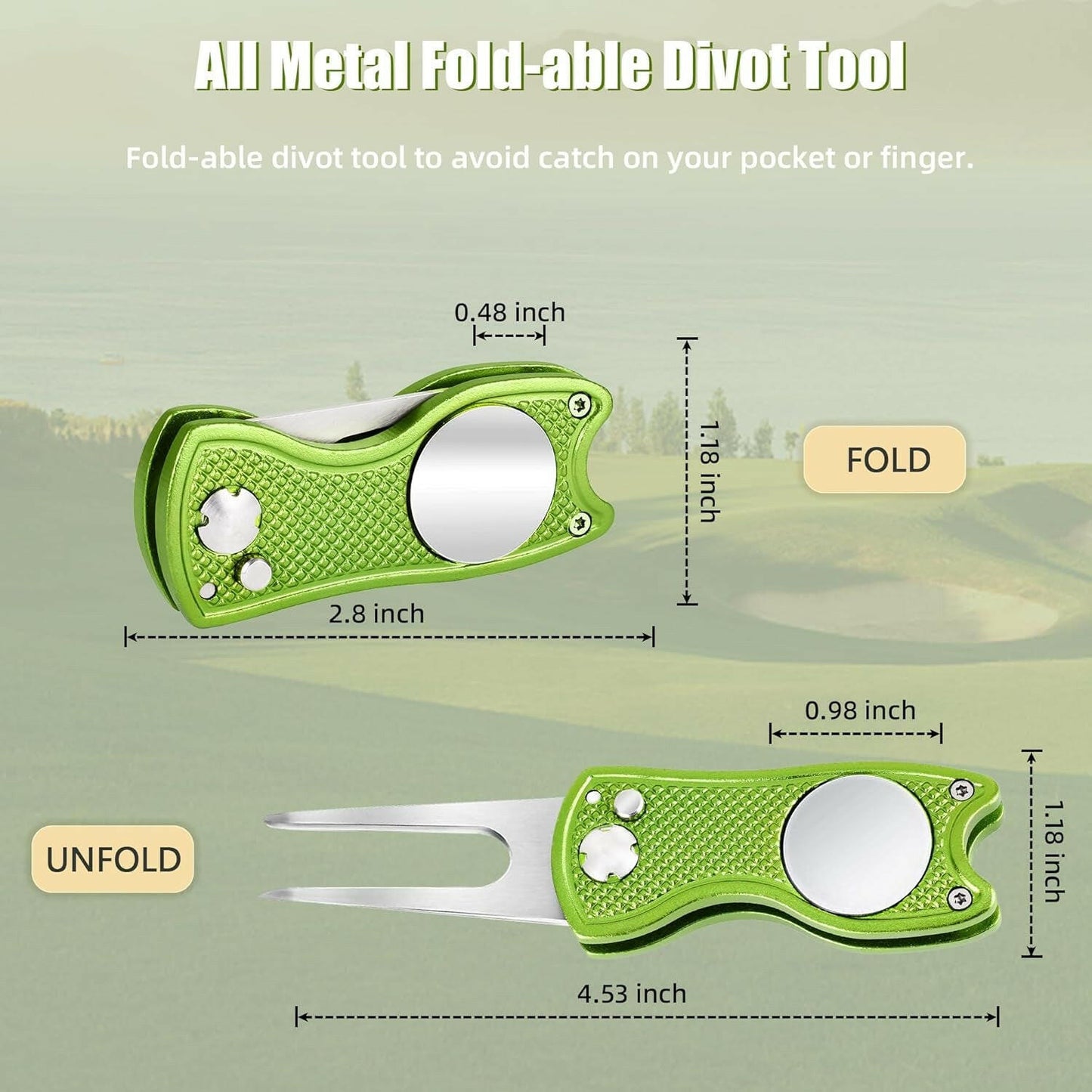 Premium All-Metal Foldable Golf Divot Repair Tool with Pop-Up Button and Magnetic Ball Marker - Available in 2 to 6 Pack Options