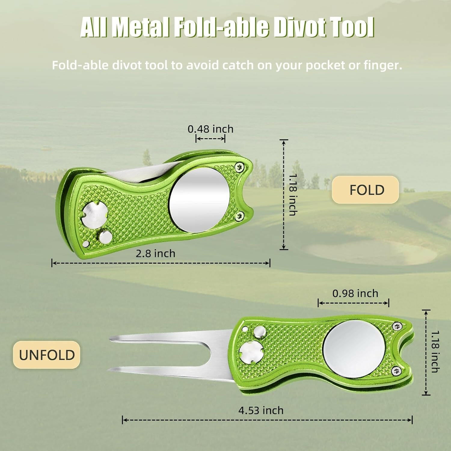 Premium All-Metal Foldable Golf Divot Repair Tool with Pop-Up Button and Magnetic Ball Marker - Available in 2 to 6 Pack Options