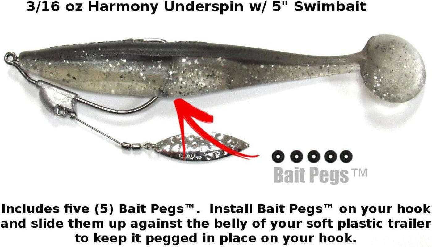 Harmony Fishing Razor Series Underspin Swimbait Hooks (4 Pack with 5 Bait Pegs) - Weighted Weedless Swimmer Hooks Featuring Flashy Willow Spinner Blades