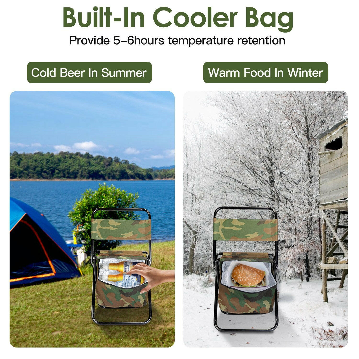 Foldable Fishing Chair with Backrest and Integrated Cooler Bag - Portable Lightweight Stool for Outdoor Activities such as Camping, Hiking, and Hunting