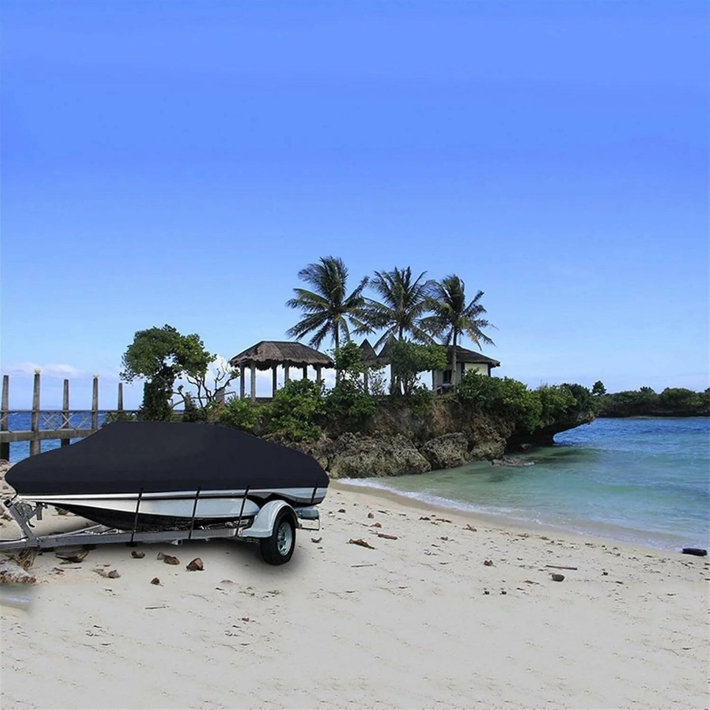 Heavy Duty Waterproof Boat Cover for 17-19FT V-Hull Trailers - 210D Oxford Mooring Cover with 5 Straps (19.7 x 9.8 FT).