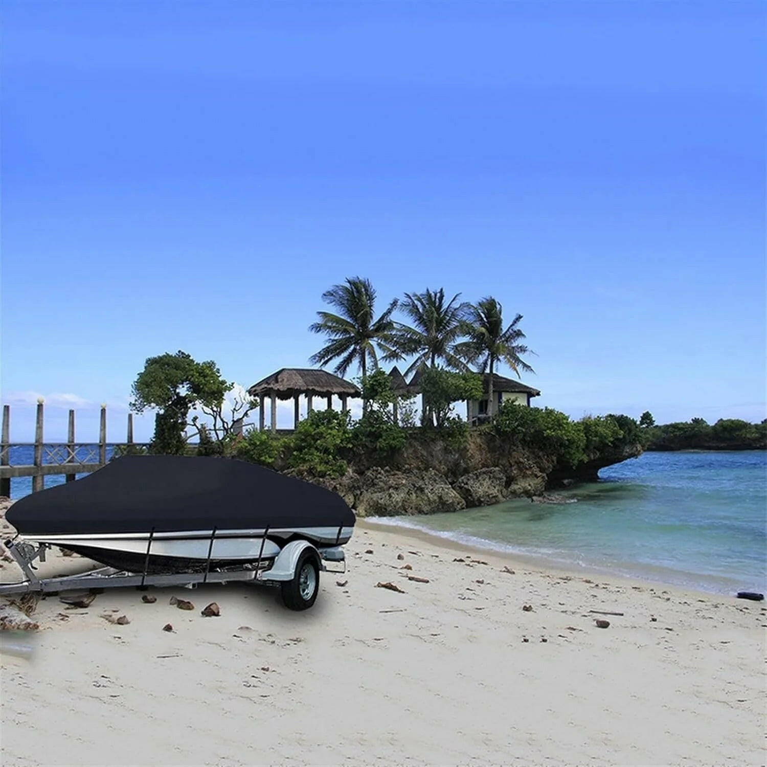 Heavy Duty Waterproof Boat Cover for 17-19FT V-Hull Trailers - 210D Oxford Mooring Cover with 5 Straps (19.7 x 9.8 FT).