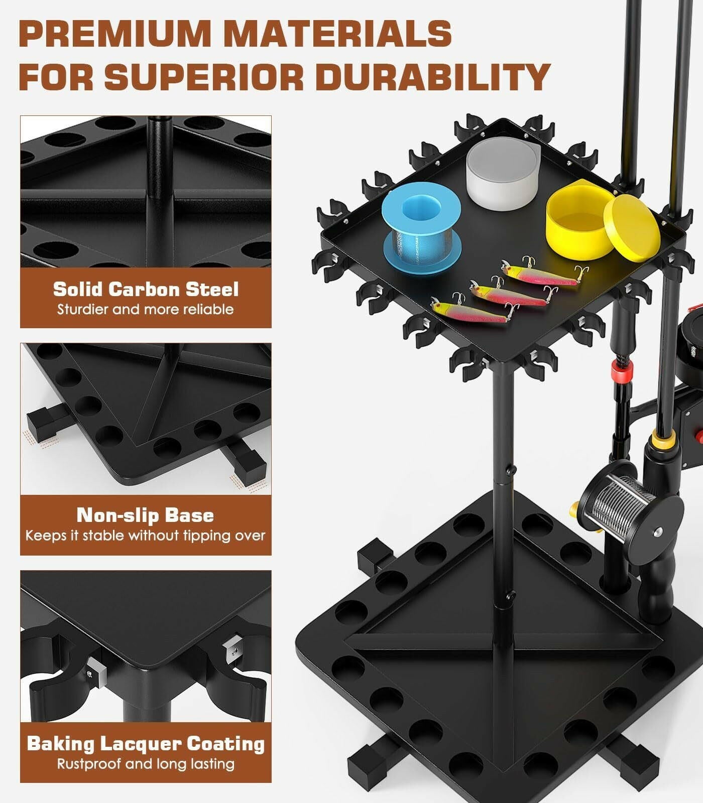 360-Degree Rotating Vertical Fishing Rod Holder - Sturdy Metal Garage Rack Stand.