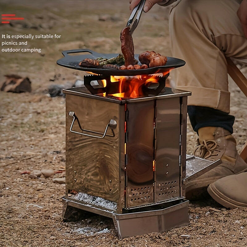 Experience the Great Outdoors with an Integrated Folding Mini Stainless Steel Charcoal Stove.