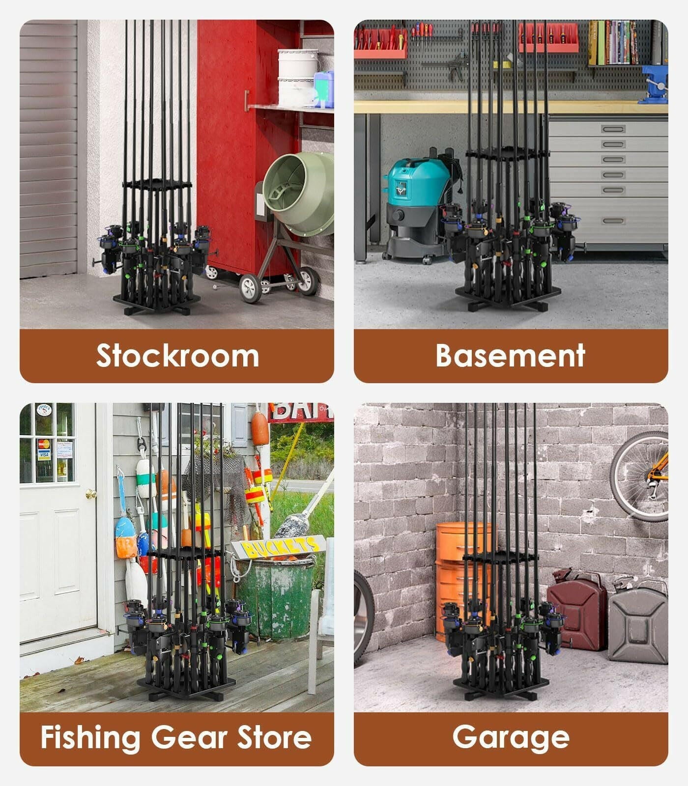 360-Degree Rotating Vertical Fishing Rod Holder - Sturdy Metal Garage Rack Stand.