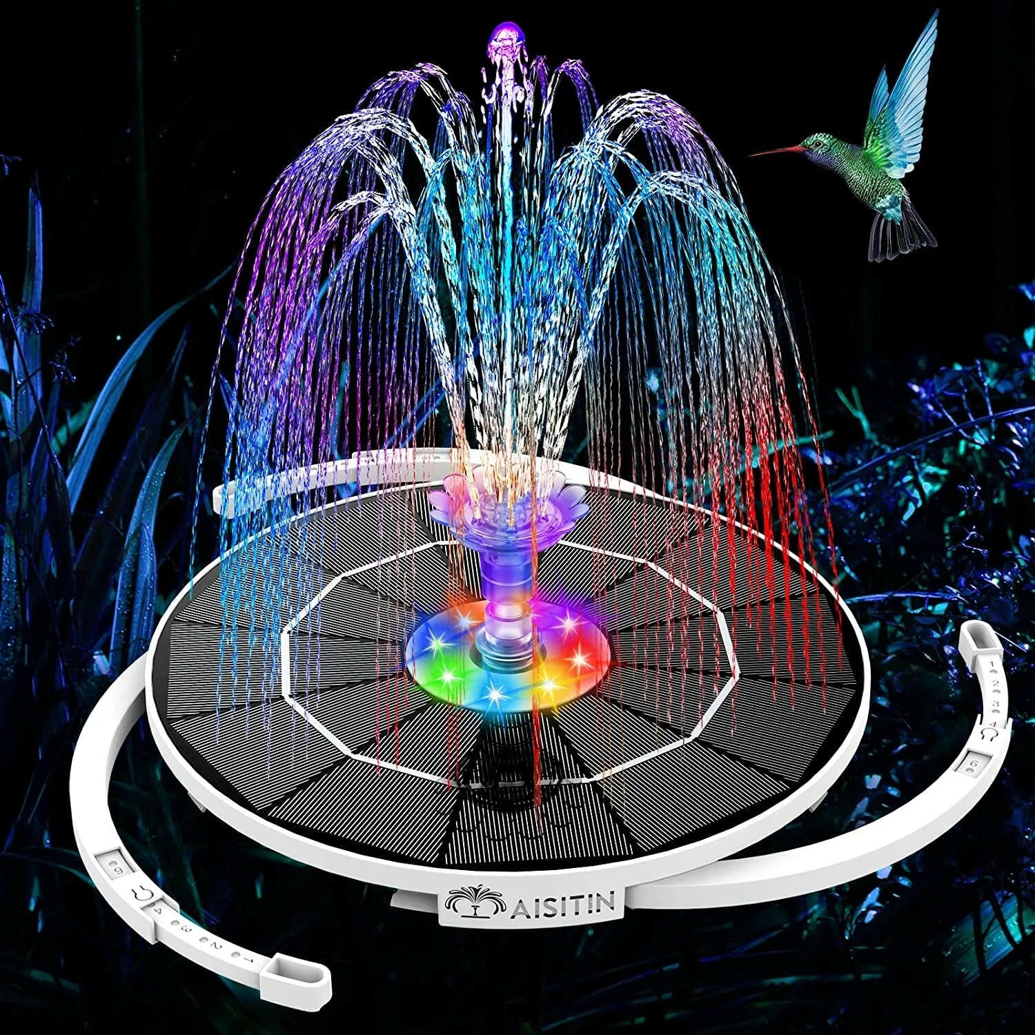 3.5W Solar Fountain Pump with LED Lights for Birdbaths and Pools, Featuring 16 DIY Nozzles, 3000mAh Battery, and Retractable Stand for Outdoor Use