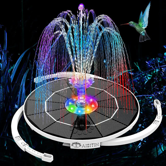 3.5W Solar Fountain Pump with LED Lights for Birdbaths and Pools, Featuring 16 DIY Nozzles, 3000mAh Battery, and Retractable Stand for Outdoor Use