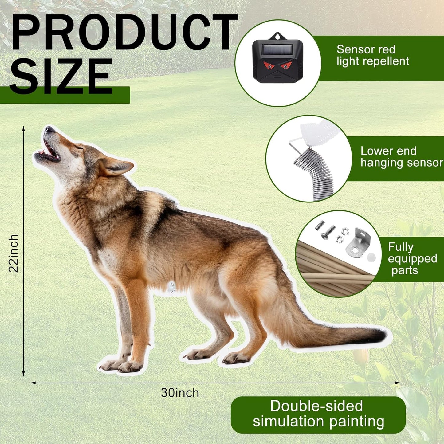 Solar-Powered Lone Coyote Decoy for Goose and Deer Deterrence - 30 x 22 Inch Predator Repellent for Garden Pests