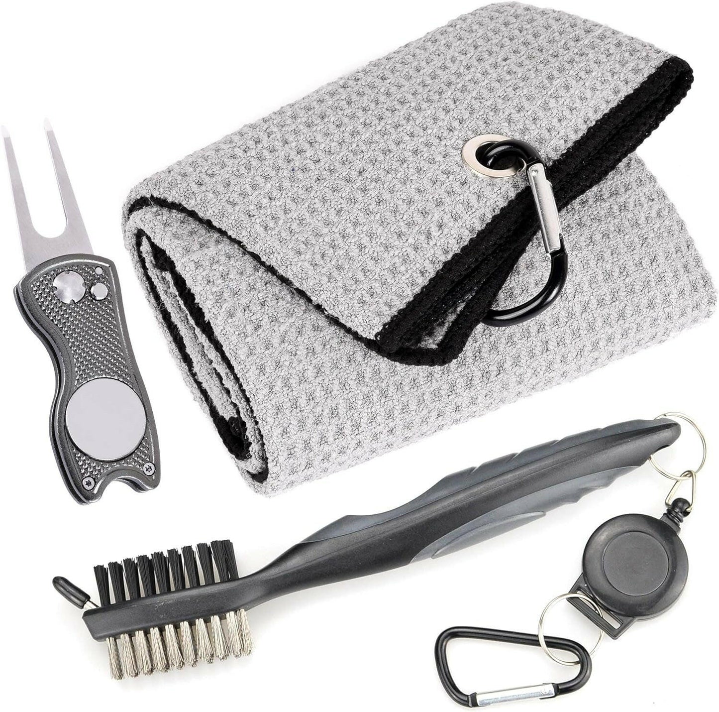 Microfiber Waffle Pattern Golf Towel with Club Groove Cleaner Brush and Foldable Divot Tool featuring Magnetic Ball Marker (Gray)