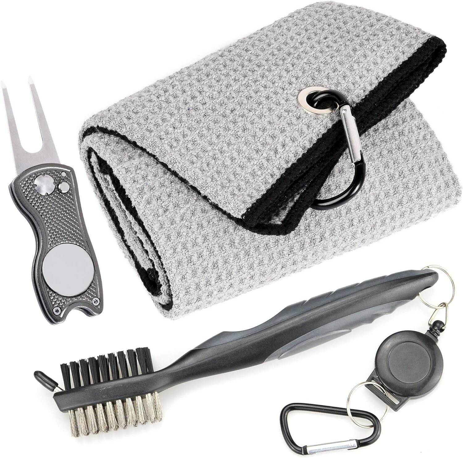 Microfiber Waffle Pattern Golf Towel with Club Groove Cleaner Brush and Foldable Divot Tool featuring Magnetic Ball Marker (Gray)